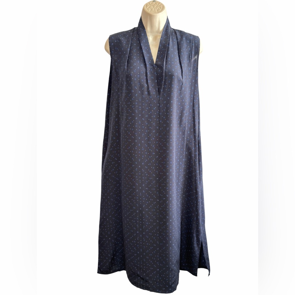 Vince Blue Silk Polka Dot Midi Dress M Sleeveless V Neck Casual Cocktail Pockets - Picture 4 of 16